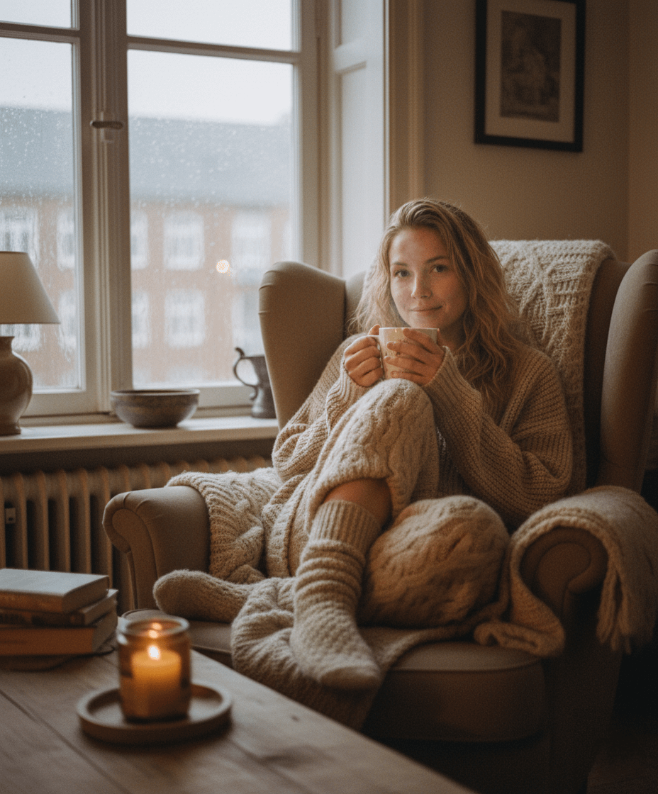Cozy Armchair Scene With Steaming Mug And Candle