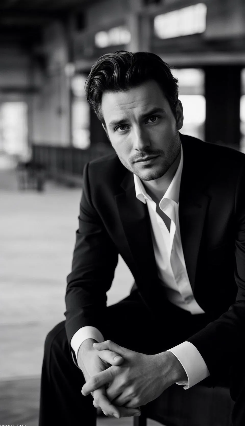 Black And White Medium Shot Portrait Handsome Man With Dark