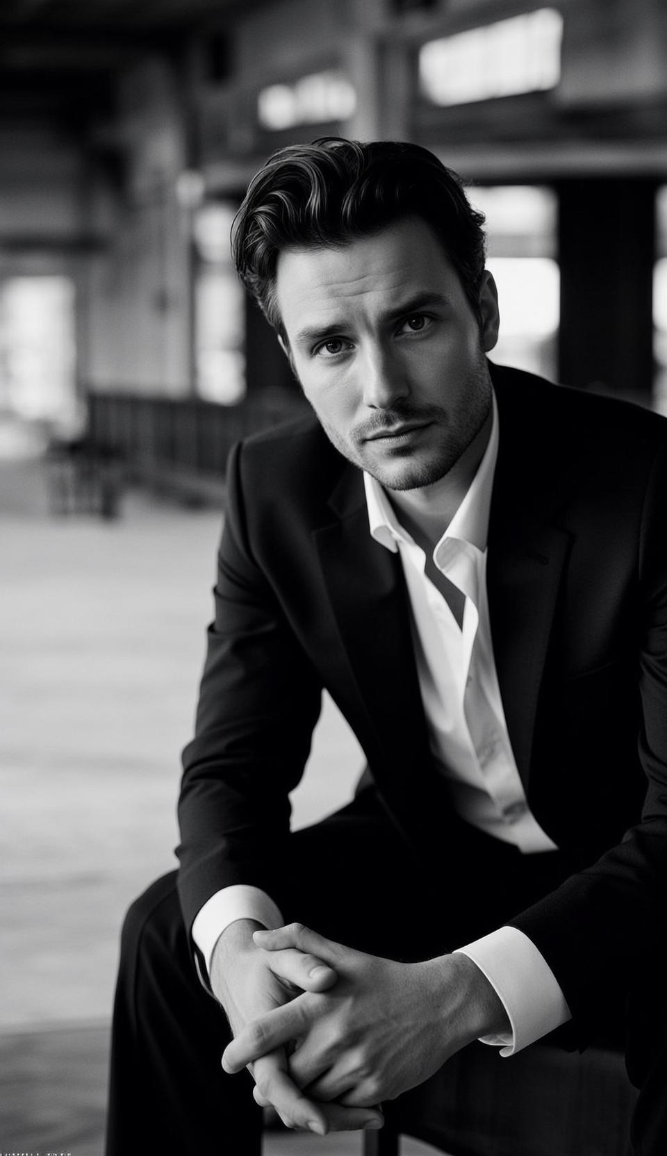 Black And White Medium Shot Portrait Handsome Man With Dark