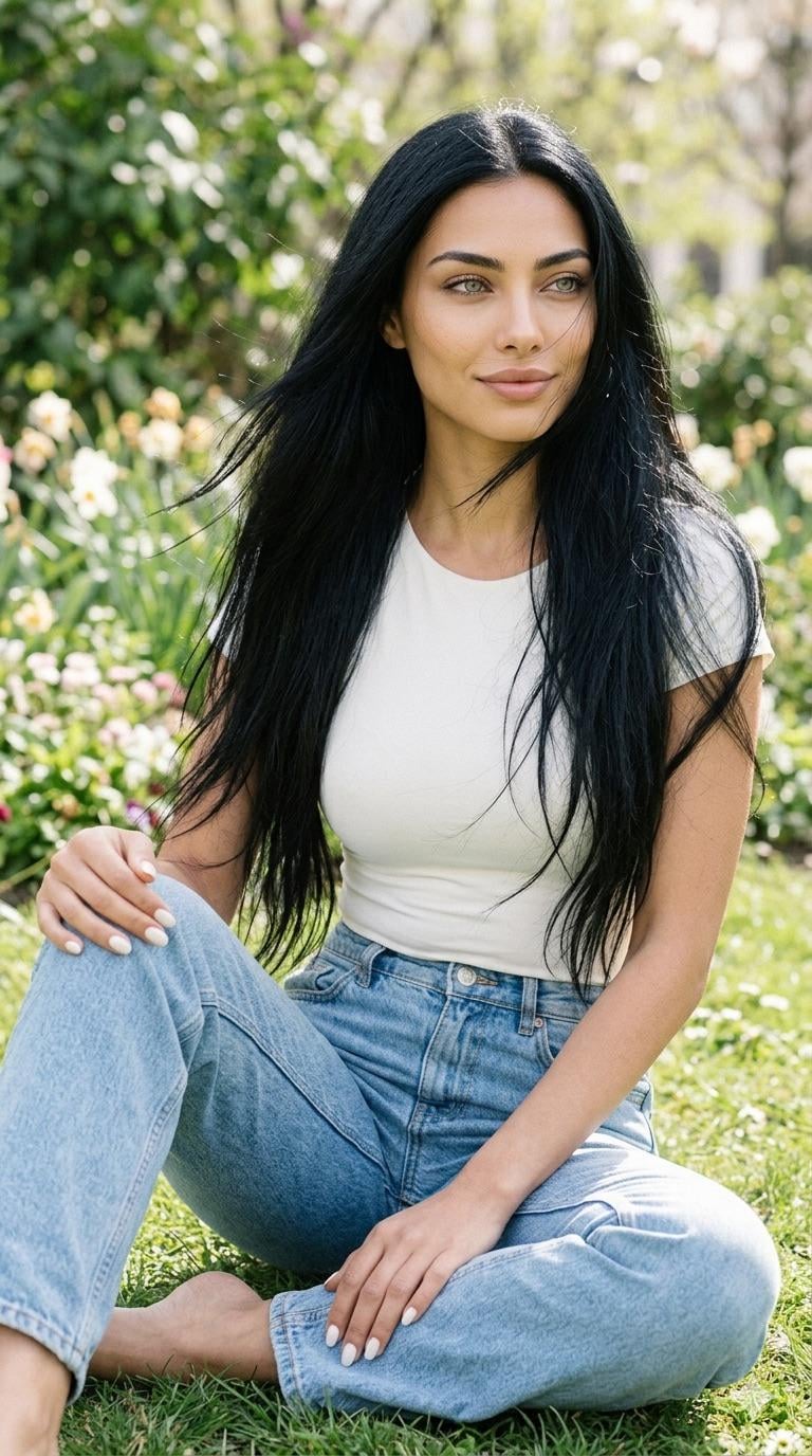 Spring Garden Portrait Cross Legged On Green Lawn