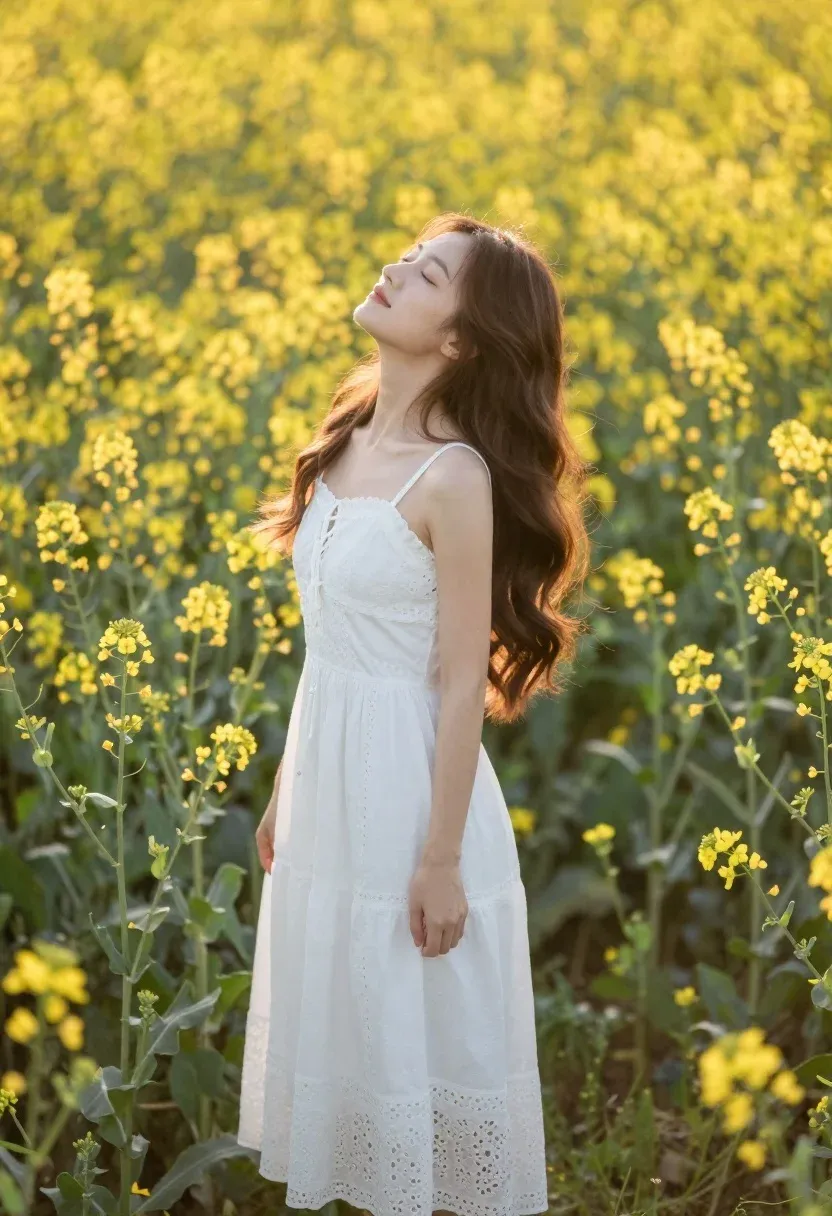 Young Woman Stands Sun-drenched Field Tall Grass And Yellow Wildflowers