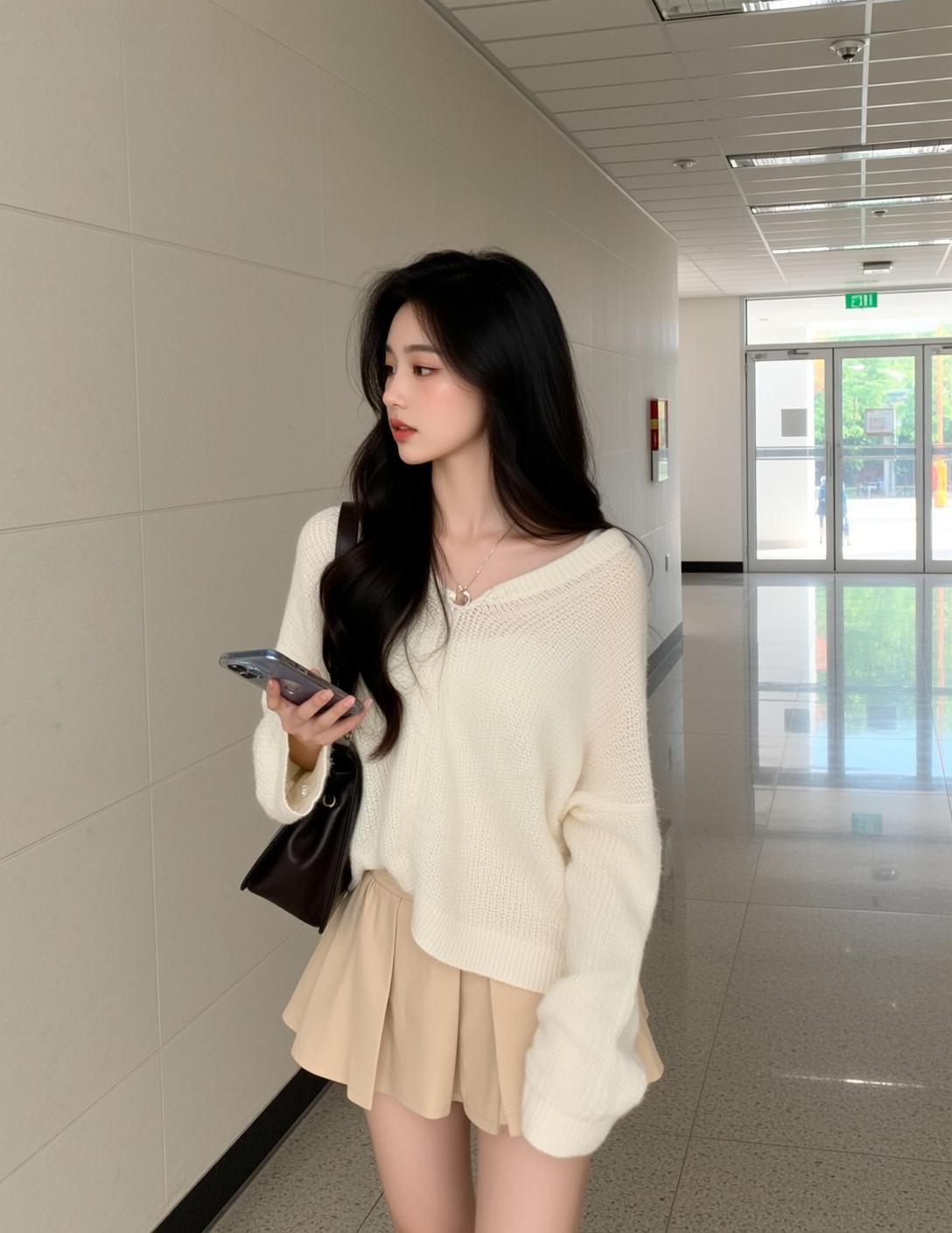 Sweater Pleated Skirt Hallway Outfit