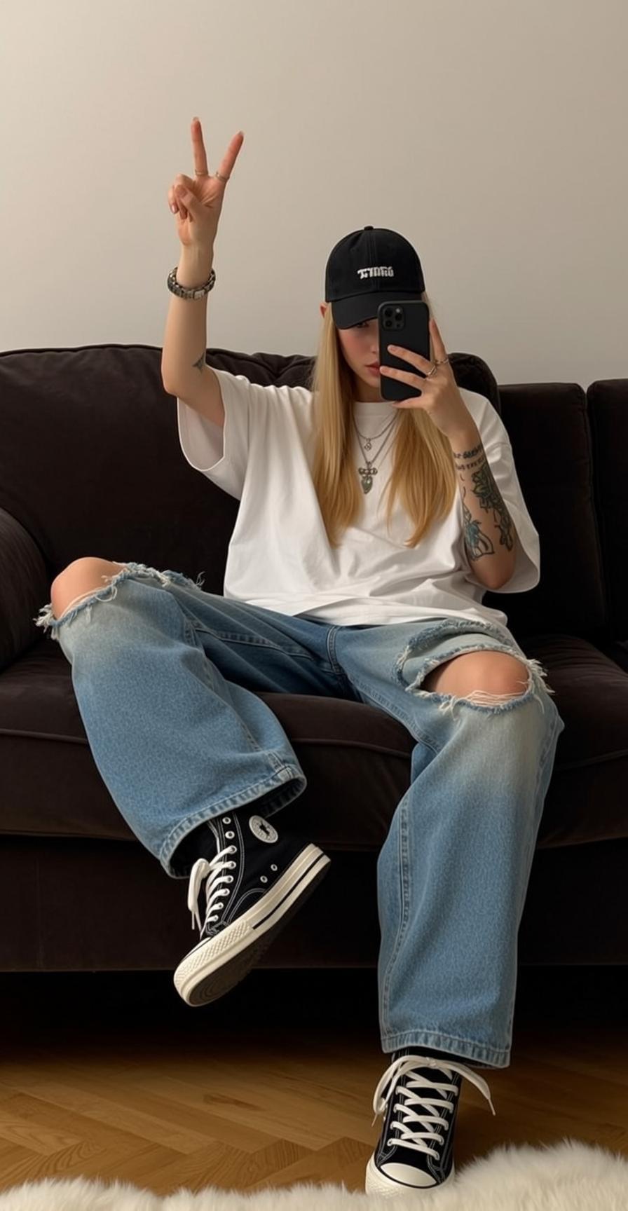 Blonde Woman Casual Couch Peace Sign Floral Tattoo
