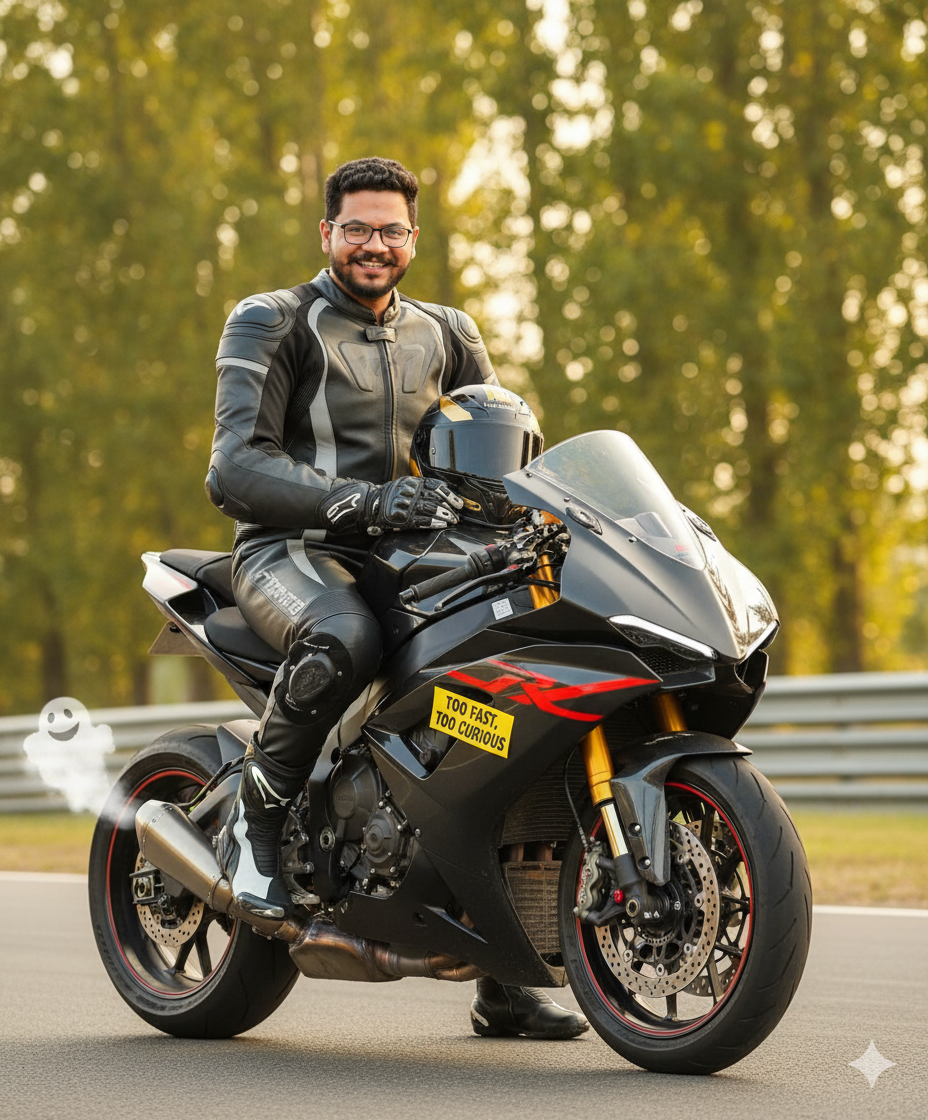 A funny ultra-realistic portrait of a man in a black racing suit holding a helmet joyfully, seated on a powerful black motorcycle.