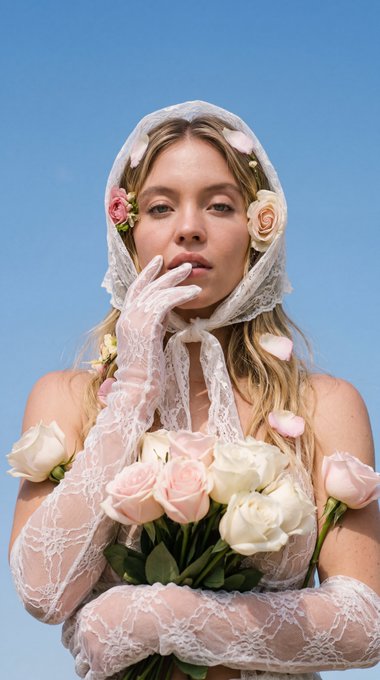 A model inspired by Sadie Sink wears long white lace gloves, holding pale pink roses against a clear blue sky.