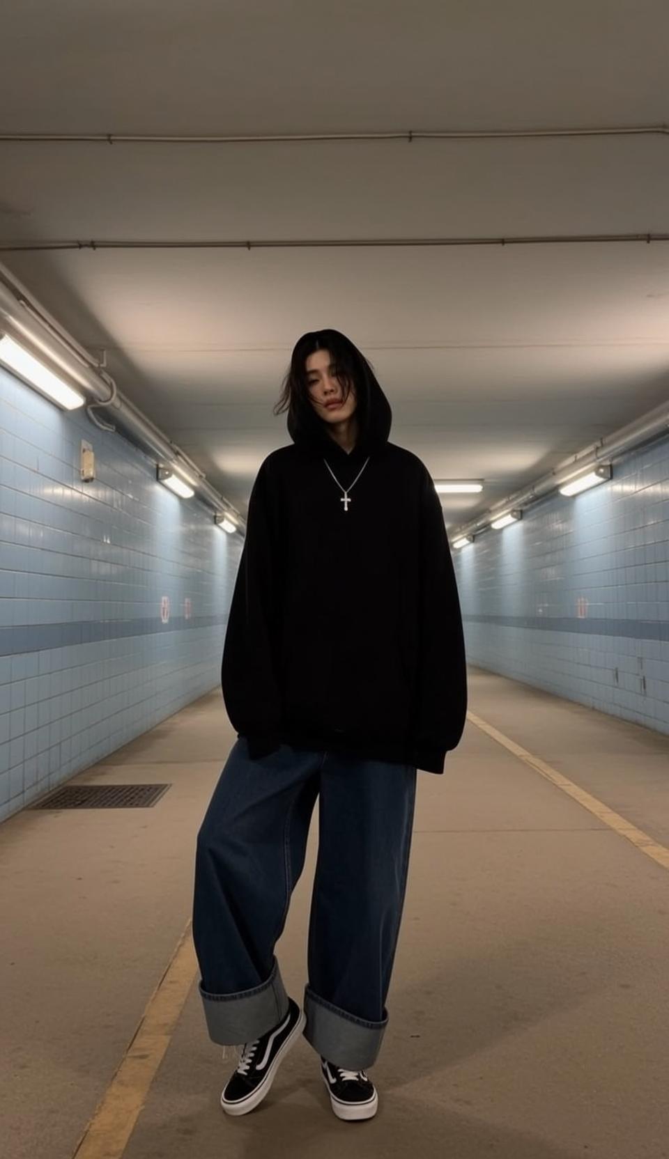 Skater Young Dark Messy Shoulder-length Pale Oversized