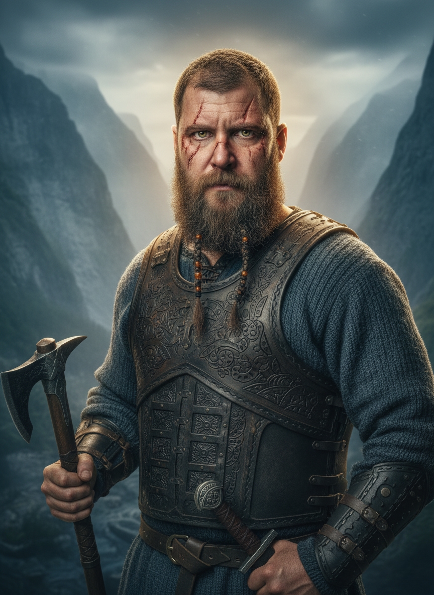 Cinematic portrait of a robust Viking with a braided beard, holding an axe and sword, set against misty Nordic fjords with dramatic lighting.