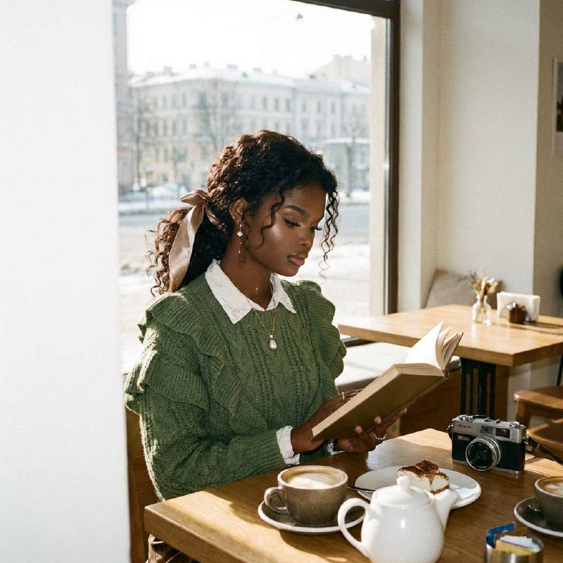 A girl in a cozy green sweater reading a book at a cafe window with winter city buildings in the background.