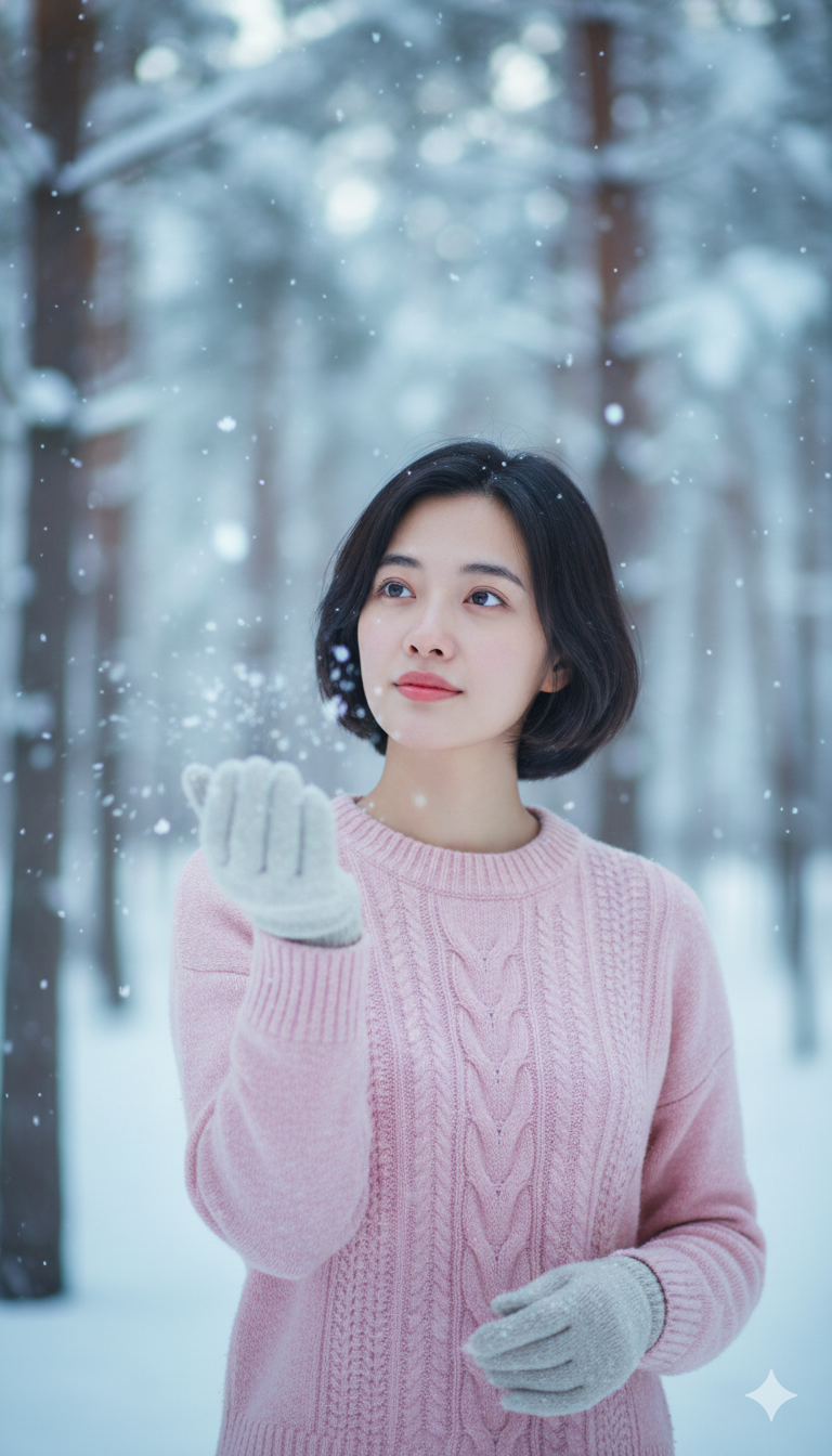 Pink Sweater Catching Snow