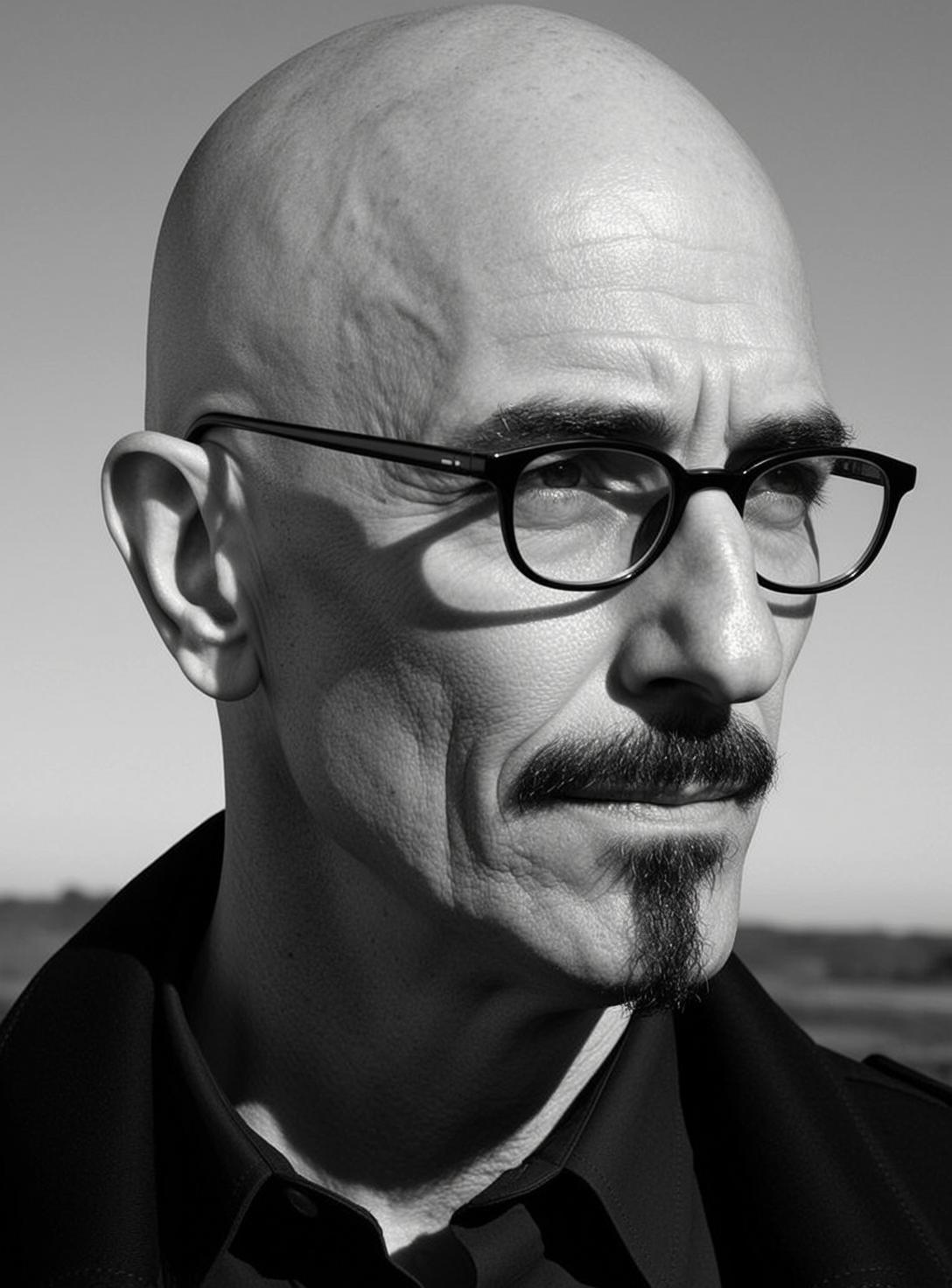 Black And White Medium Close-up Portrait Bald Middle-aged Man With
