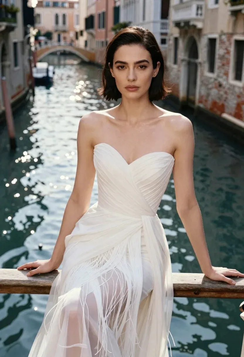 Woman With Dark Hair Styled Sleek Bob Sits Gracefully Railing