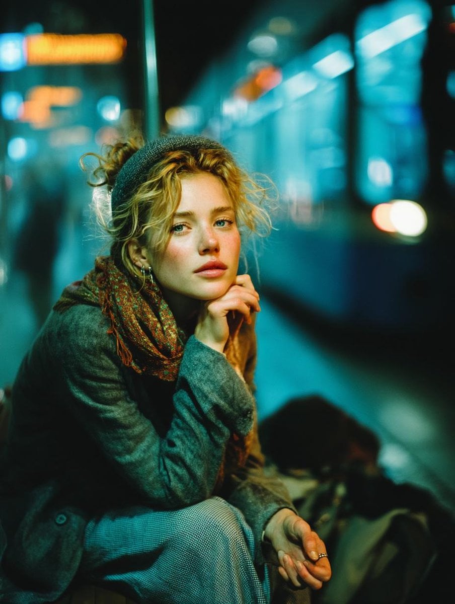 A young woman with soft curly hair, seated on a subway bench, looking down contemplatively with neon lights reflecting around her.
