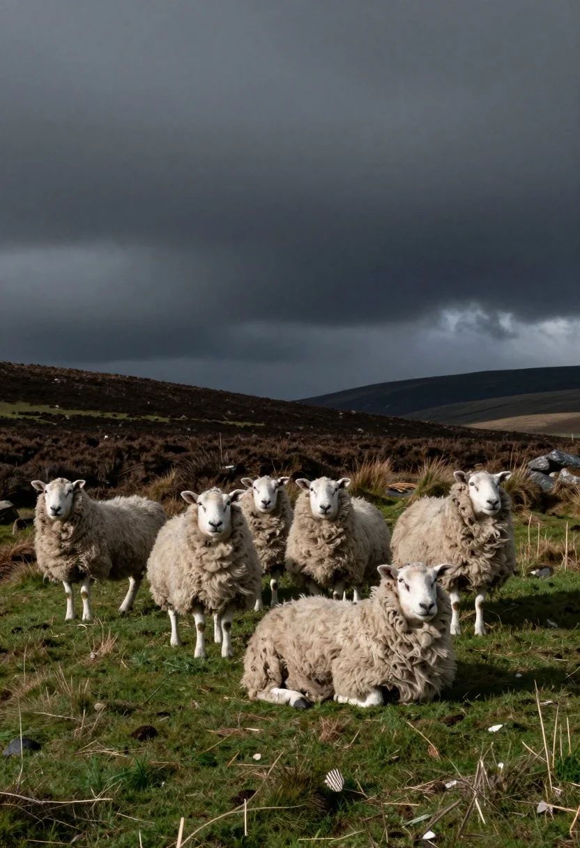 Flock Woolly Sheep Stands Grassy Hill Under Dramatic Stormy Sky