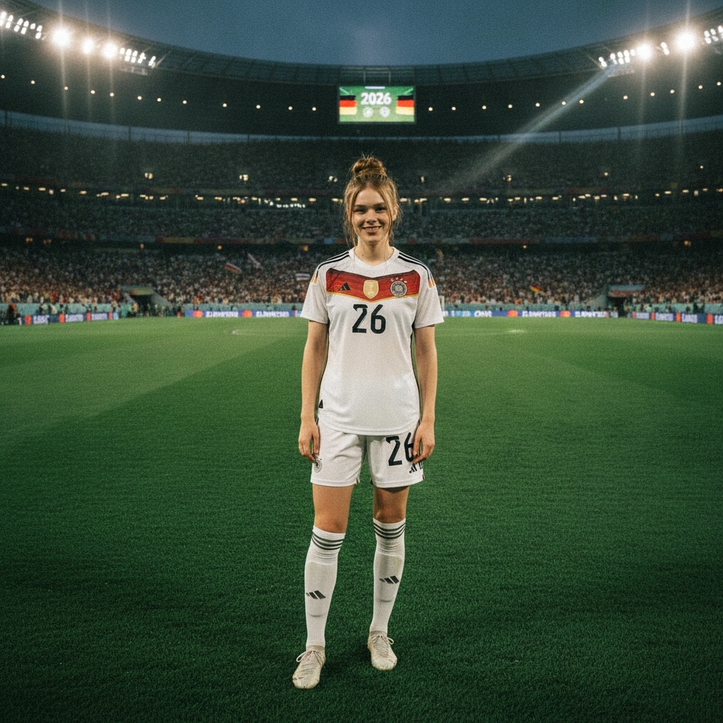 A soccer player in a national team jersey posing confidently on a lush green pitch, surrounded by a cheering crowd during a twilight match.