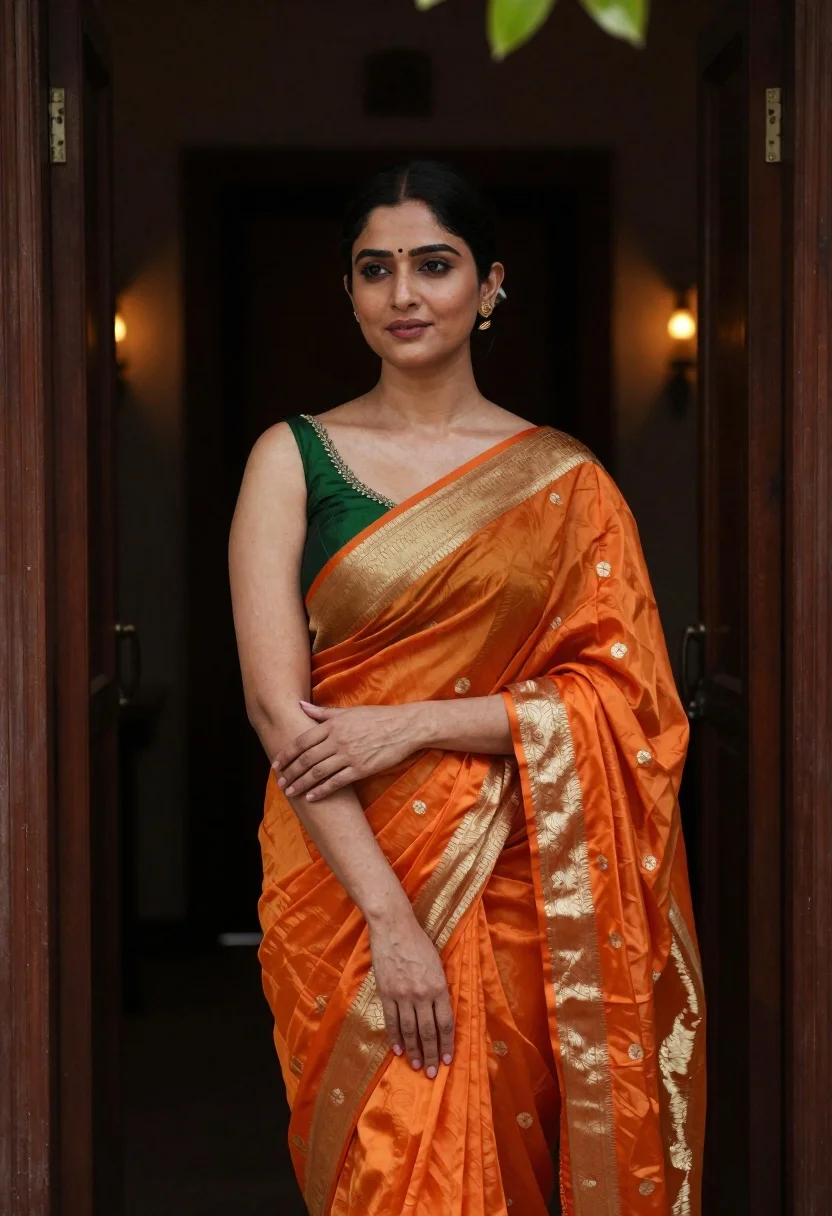 Confident Woman Stands Dimly Lit Doorway Wearing Traditional Orange Silk reference photo