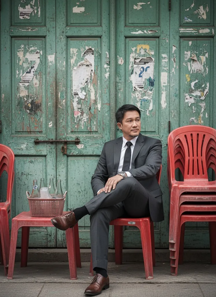 cross-legged on a red plastic chair