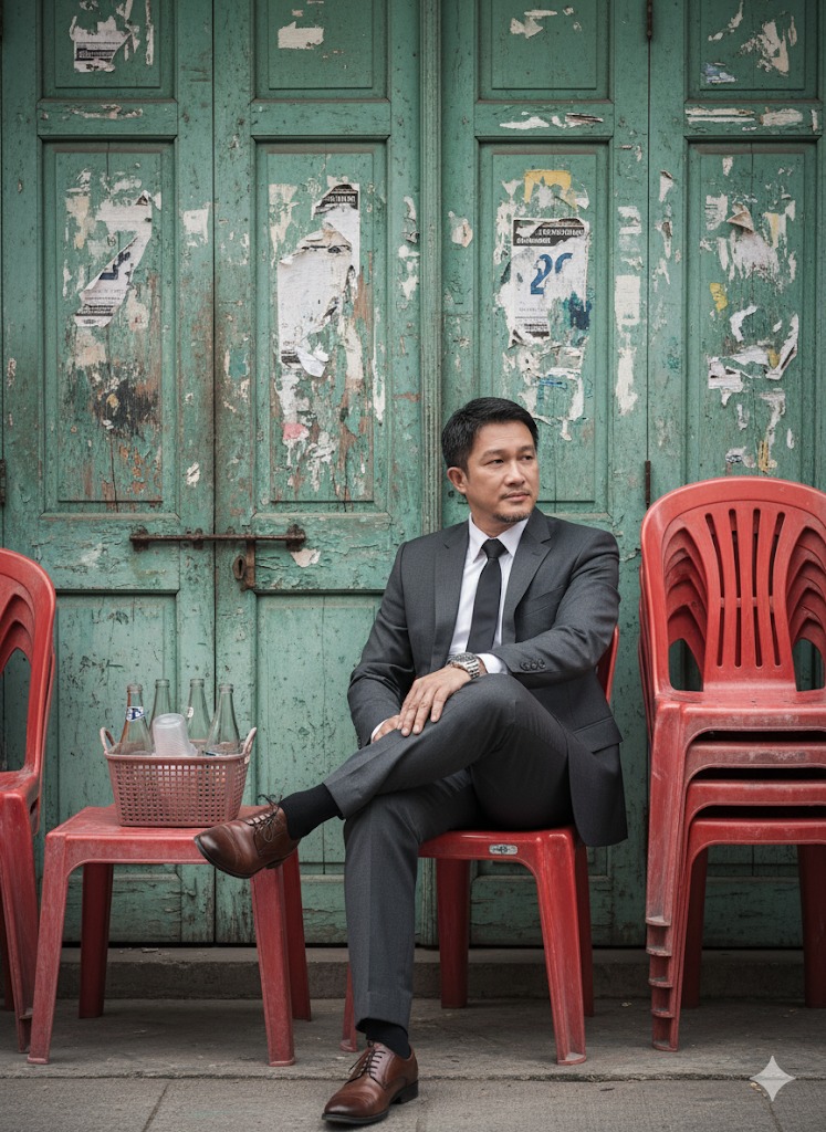 A middle-aged Asian man sitting cross-legged on a red plastic chair, wearing an elegant suit against a weathered teal-green door.