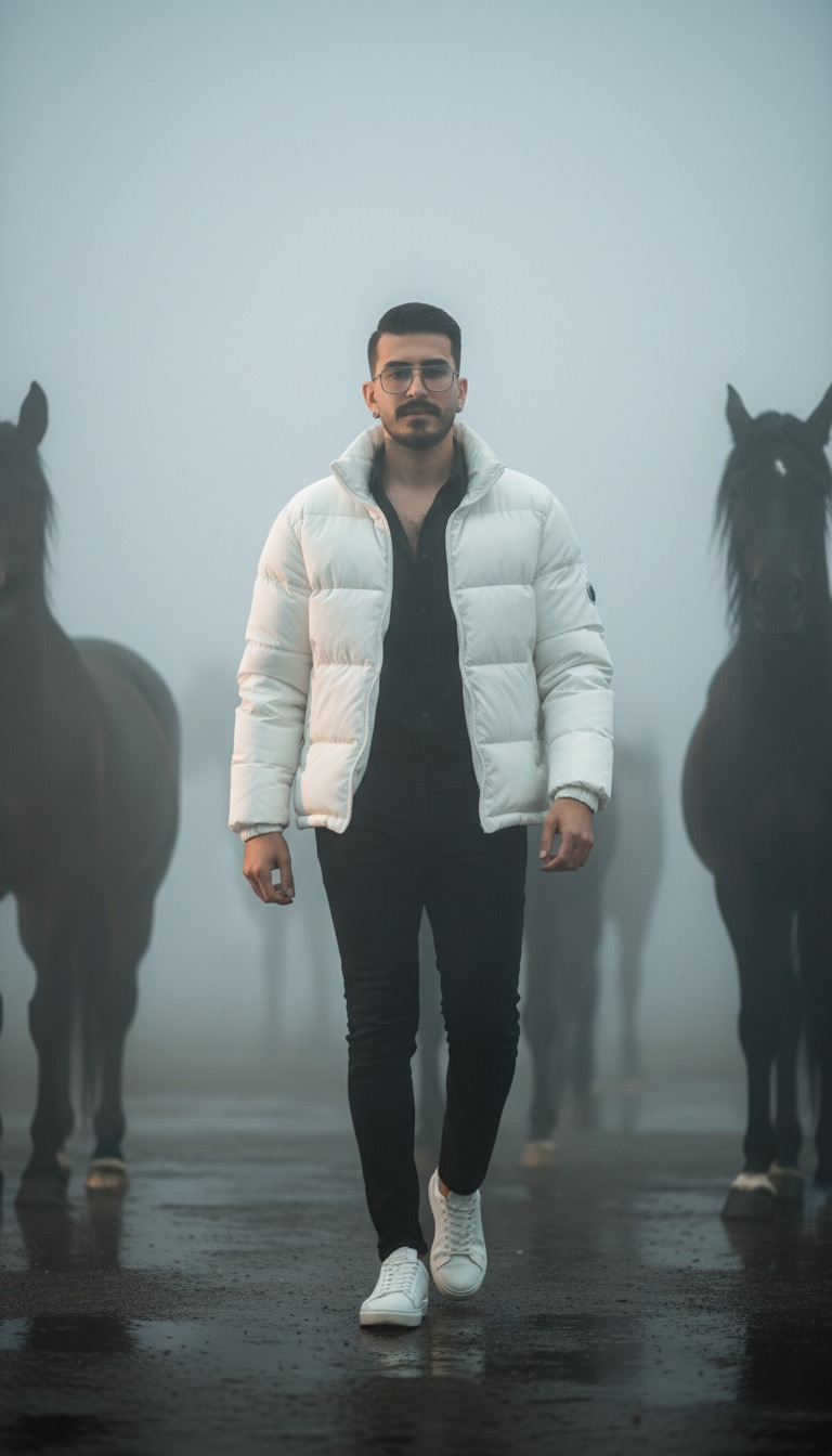 A man in a white jacket walking in foggy surroundings with horses in the background, showcasing a cinematic atmosphere.
