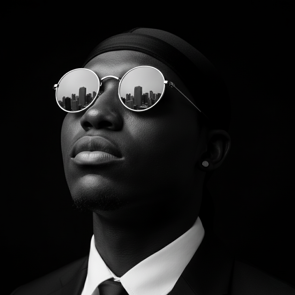 Close-up of a man wearing round reflective sunglasses with a dramatic black and white background, gazing into a dark void.