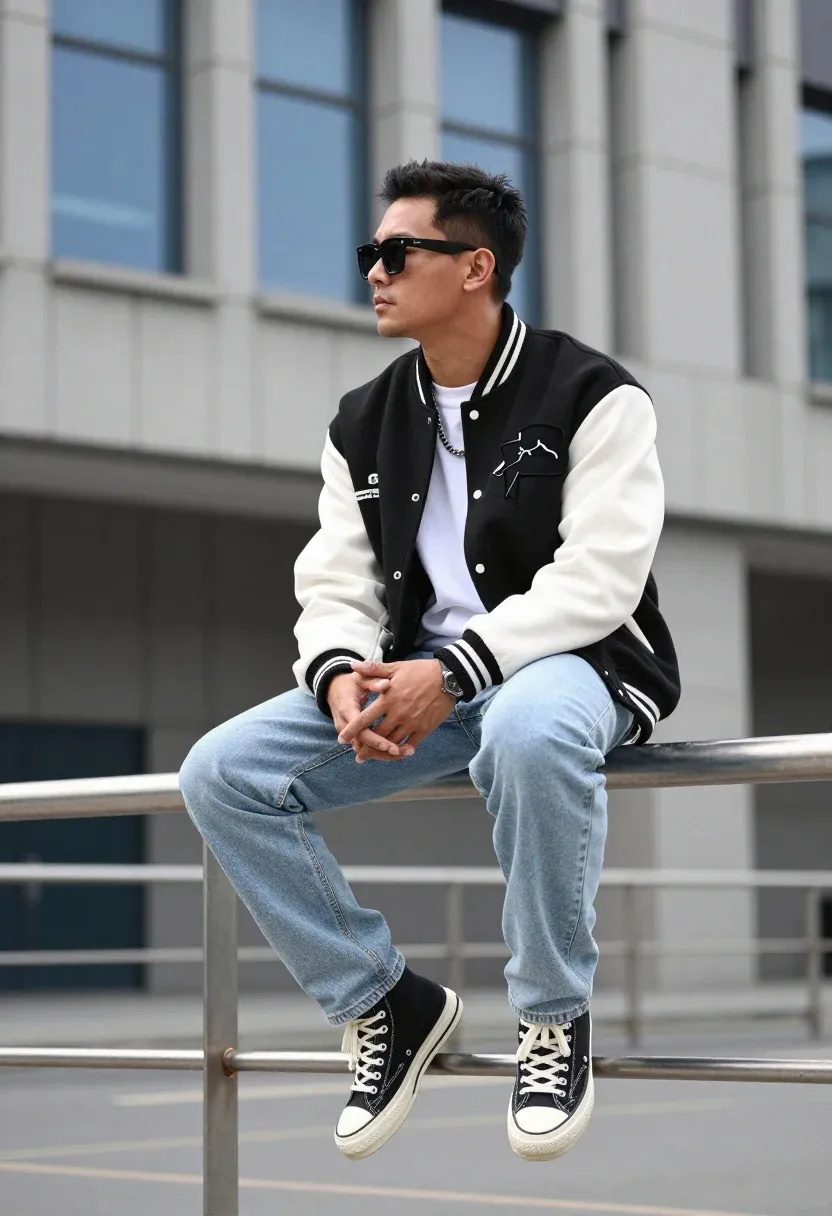 Man Sits Casually Metal Railing Urban Setting With Large Building