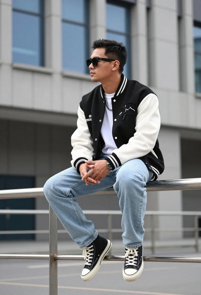 A man casually sitting on a metal railing in an urban environment, a large building fades into a soft-focus background.