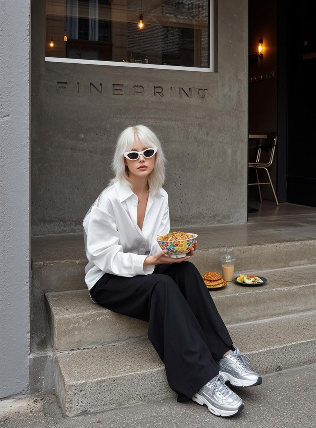 White Shirt Concrete Steps Lunch