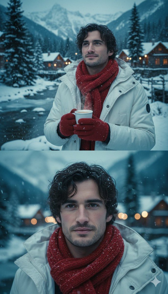 A man in a red scarf and gloves stands by a snowy river, smiling softly with snowflakes falling around him.