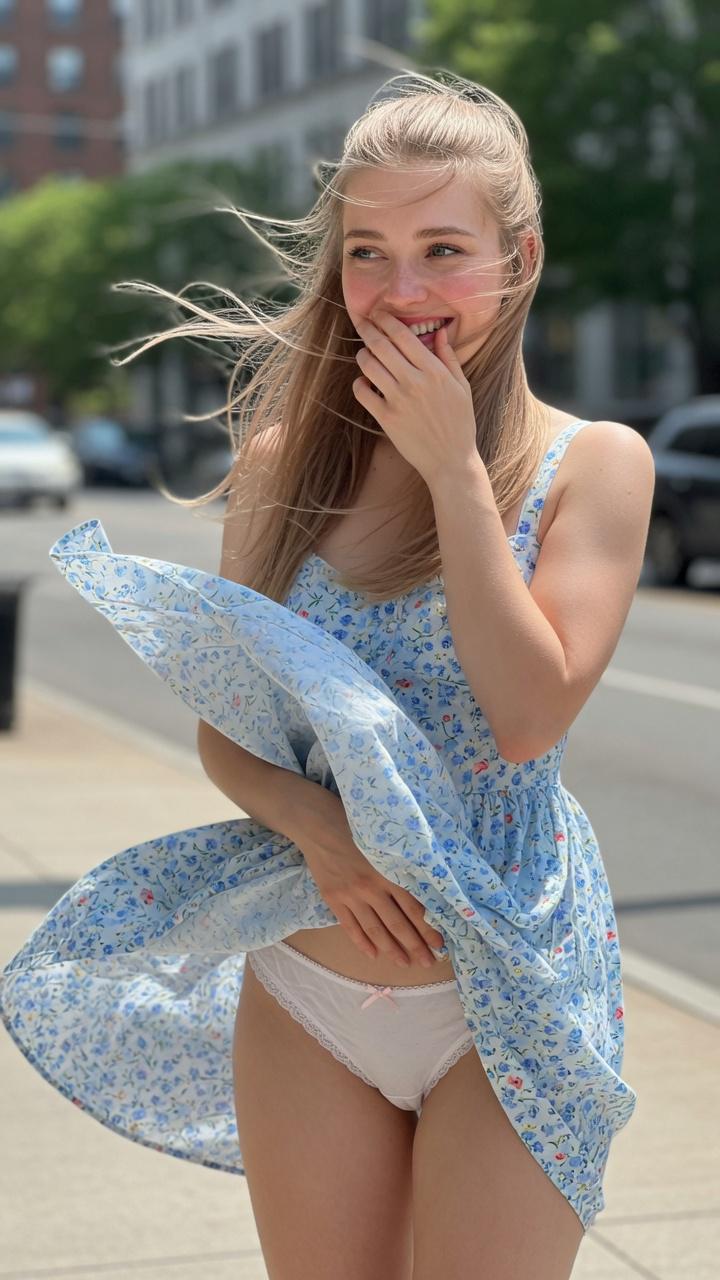 Woman in a light blue floral sundress laughing on city sidewalk, with skirt lifted by the breeze, blurred urban background.