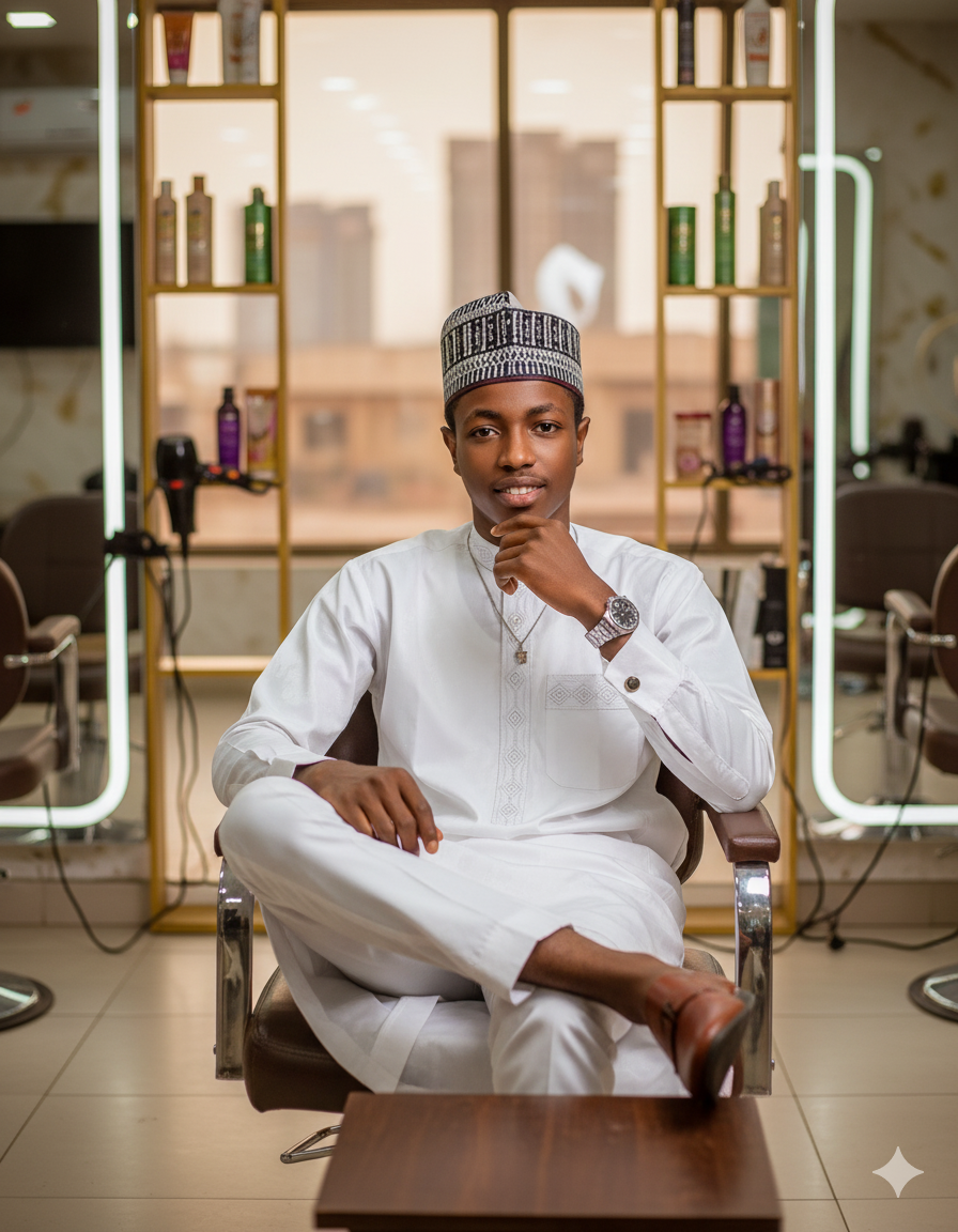 A handsome man in a white kaftan sitting relaxed in a beauty salon chair, with elegant attire and urban modern background.