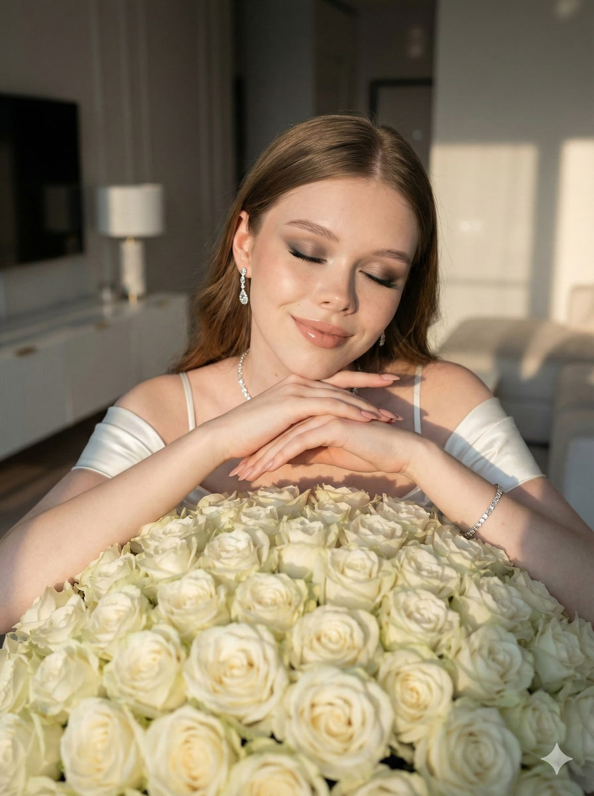A highly realistic portrait of a woman in a satin dress with roses and luxurious setting.