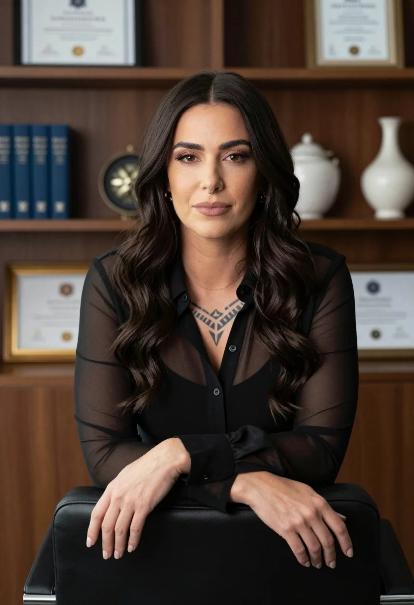 Professional Portrait Woman With Long Dark Wavy Hair Sitting Office