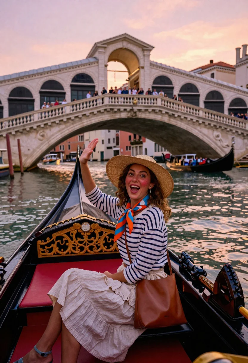 Bustling Venetian Canal Magic Scene Delighted Tourist Woman Gondola Riding reference photo