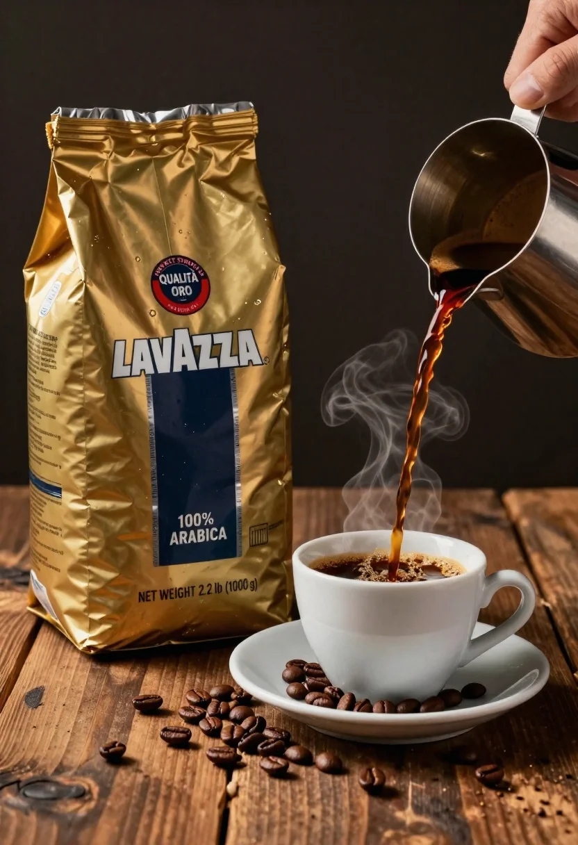 A close-up of a richly detailed scene featuring a Lavazza coffee bag and a pouring espresso cup on a rustic wooden surface.