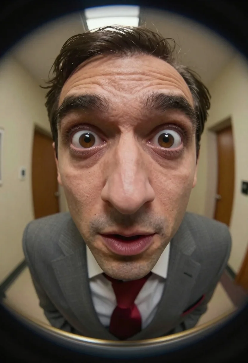 Hyper-realistic Close-up Man With Exaggerated Facial Features Viewed Through Circular