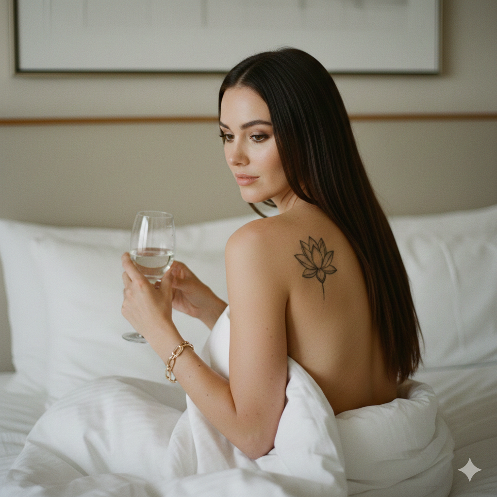 Realistic Hotel Bedroom Woman Wine Glass reference photo
