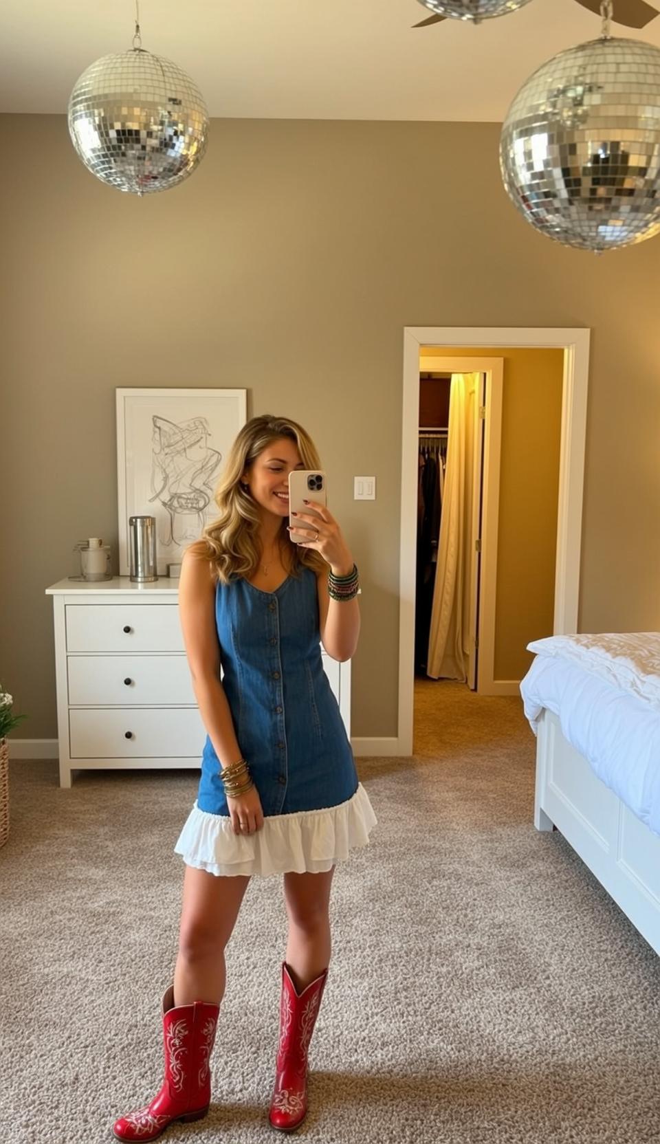 Denim Dress Bedroom Selfie