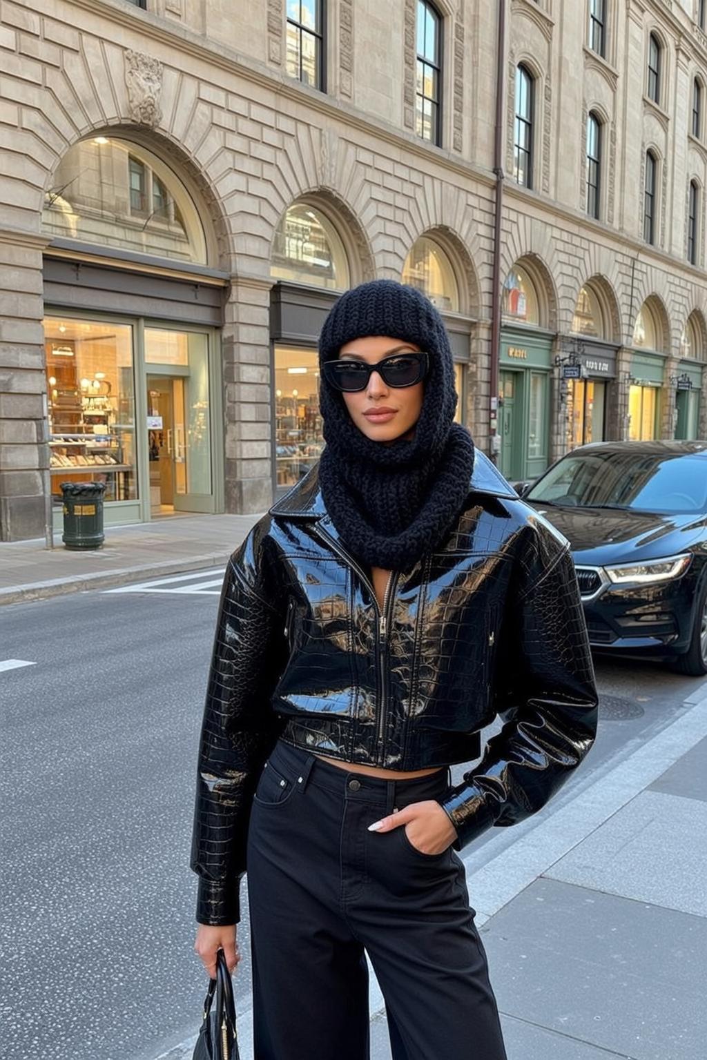 Black Patent Leather Jacket City Street Fashion