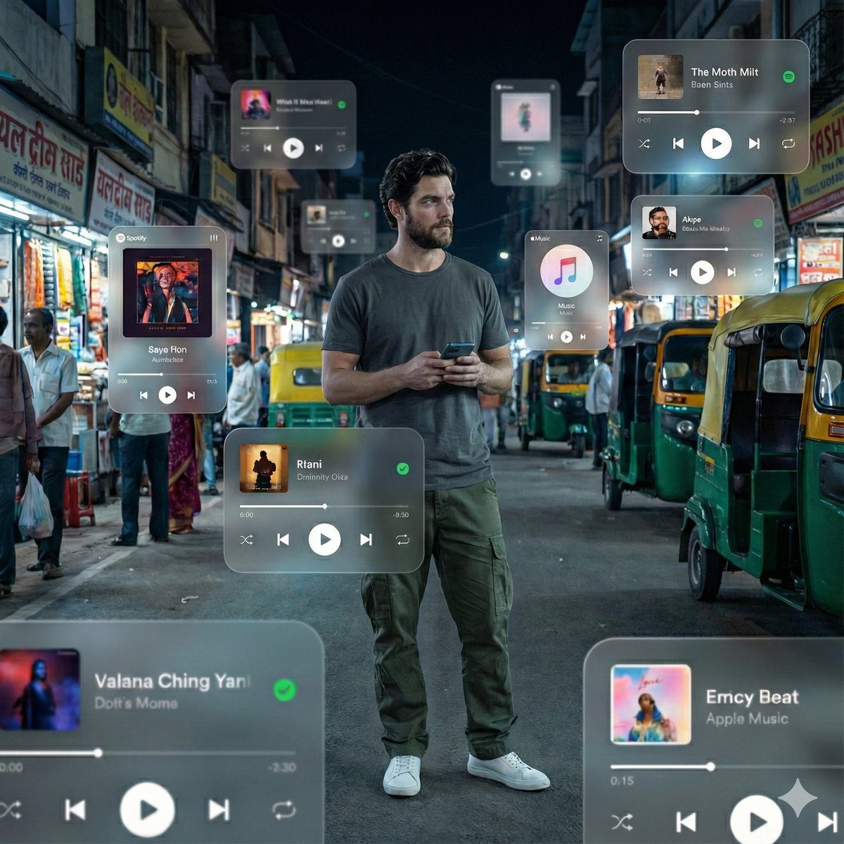 A man in a grey t-shirt and green cargo pants stands in a bustling Indian night market, holding a smartphone surrounded by floating music interface cards.