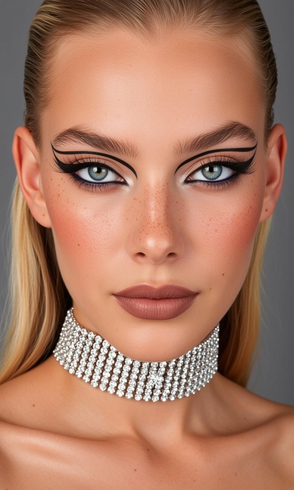 Close-up Portrait Young Woman With Striking Blue Eyes And Neutral