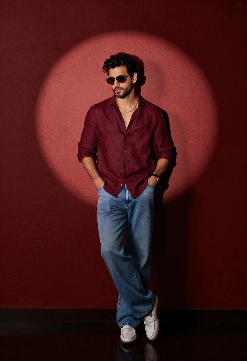 A stylish man stands confidently with hands in pockets against a textured deep red wall, illuminated by a bright circular spotlight.