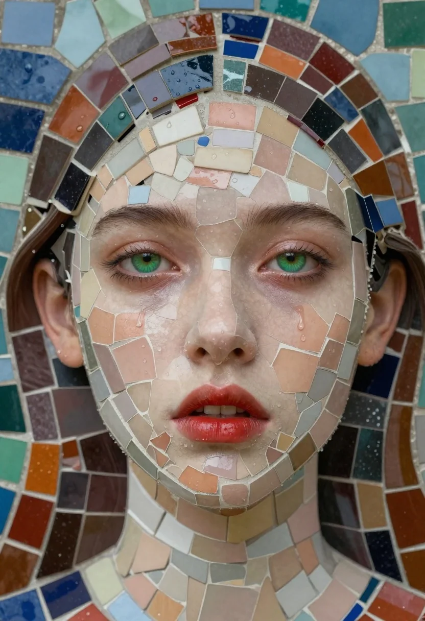 Mosaic Tile Portrait Young Woman Pale Skin Green Eyes Red reference photo