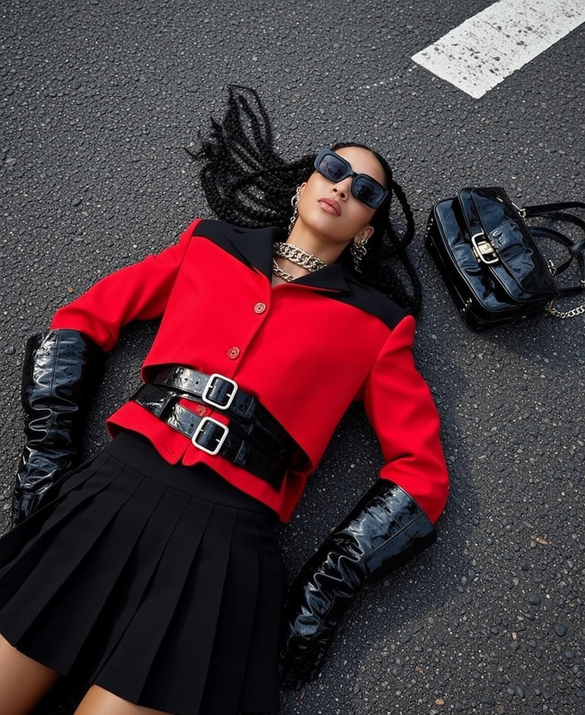 Wide Black Belt Red Cropped Jacket