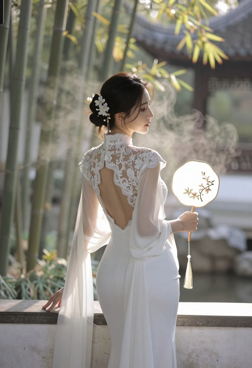 Graceful Woman Stands Serene Garden Setting Viewed From Behind She