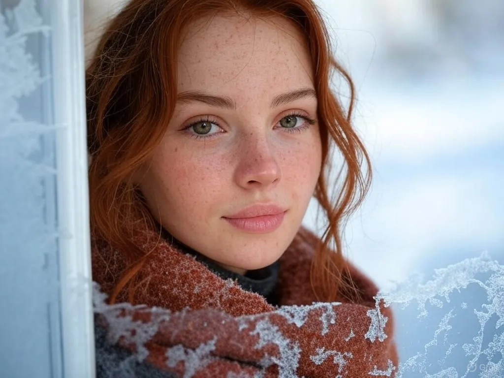 Copper Hair Frosty Scarf Winter Window Landscape