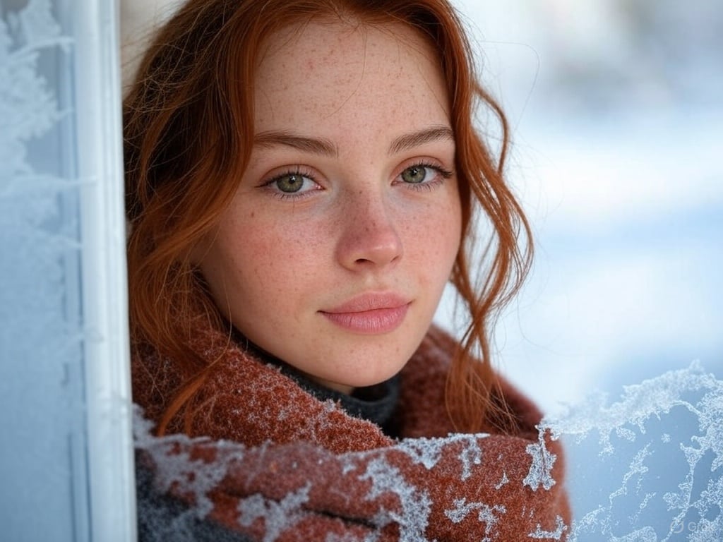 Close-up portrait of a person with copper hair in a rust brown scarf, next to a frosty window with a snowy landscape in the background.