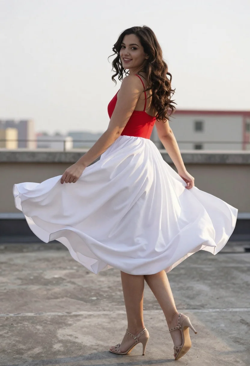 Young Woman With Long Wavy Brown Hair Stands Rooftop Holding reference photo