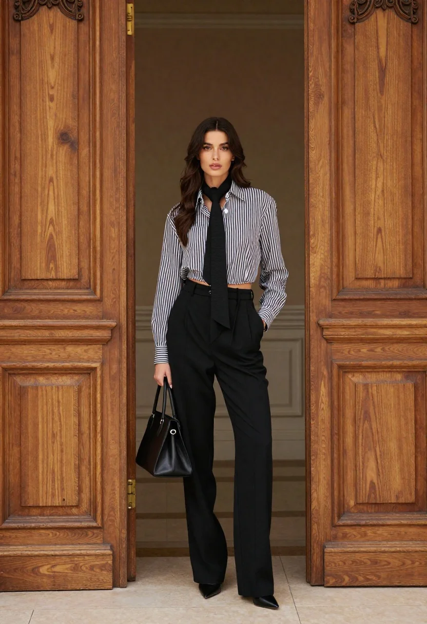 A stylish woman standing confidently in an open doorway, framed by two large wooden doors, highlighted by soft lighting.