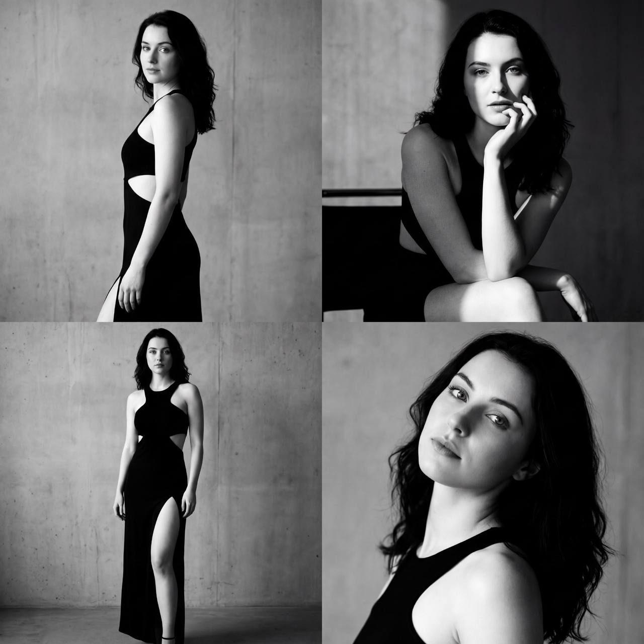 Elegant woman in a minimalist setting wearing a high slit dress, captured in soft dramatic lighting.