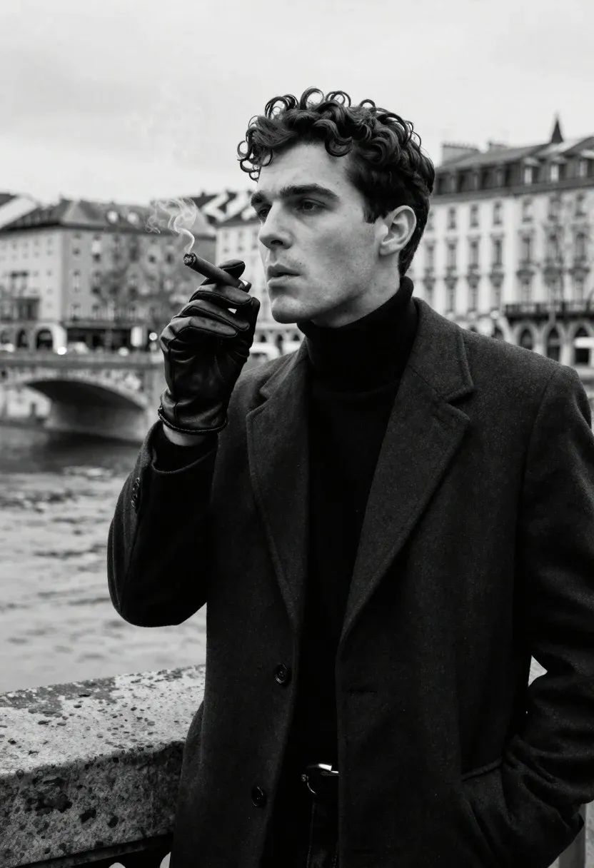 Man Stands Moody Black-and-white Urban Setting Holding Cigar With Smoke