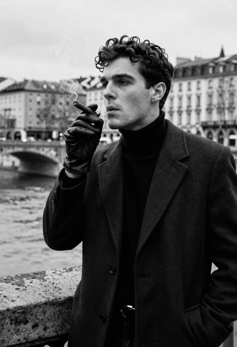 Man Stands Moody Black-and-white Urban Setting Holding Cigar With Smoke